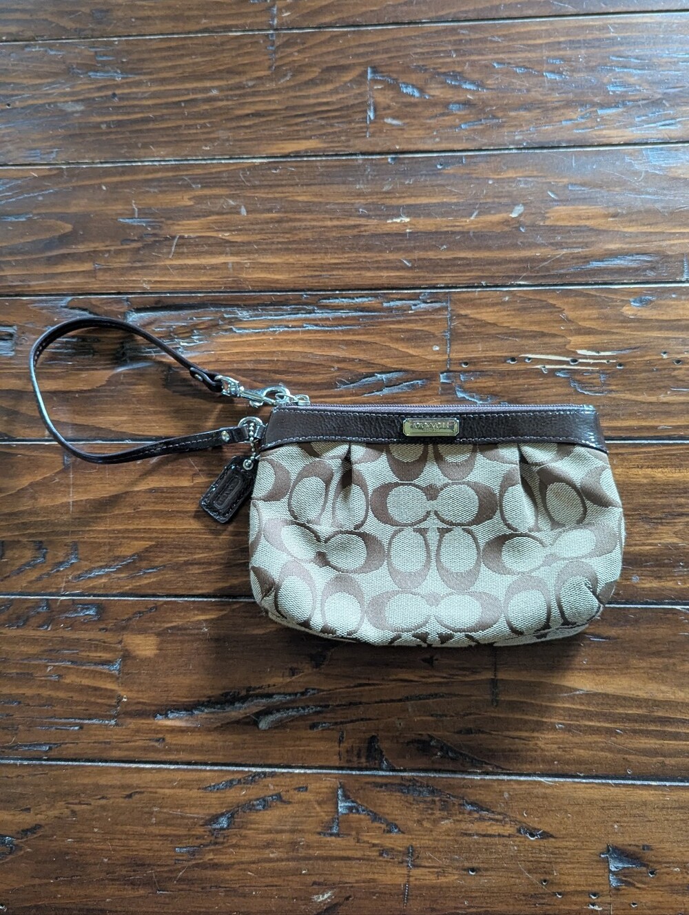 Coach Beige and Brown Signature Canvas Wristlet
